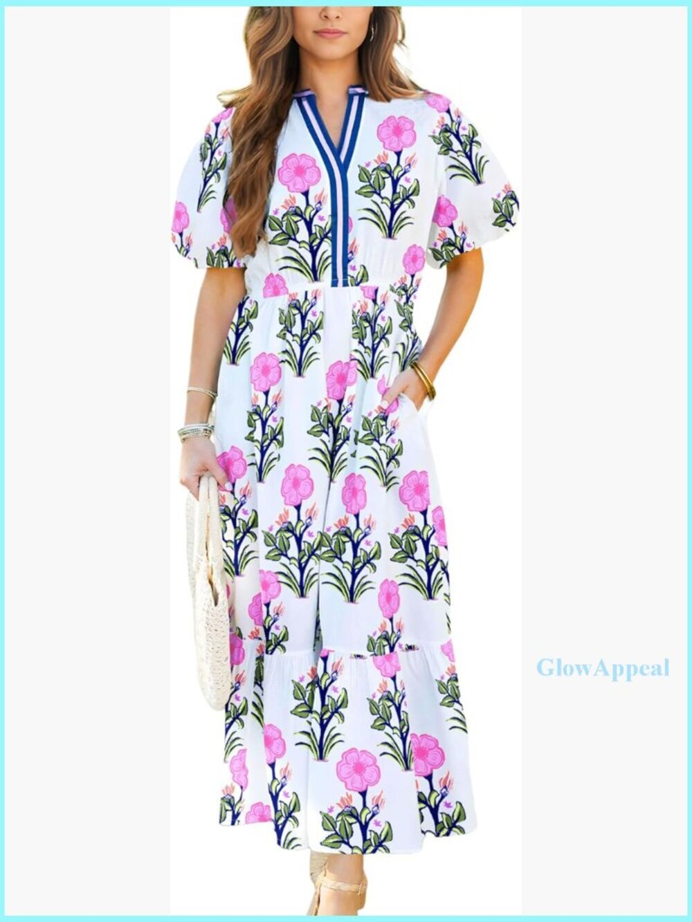 Long Maxi Dress with Puff Sleeves and V-Neck, High Waist Flowy Summer Casual
